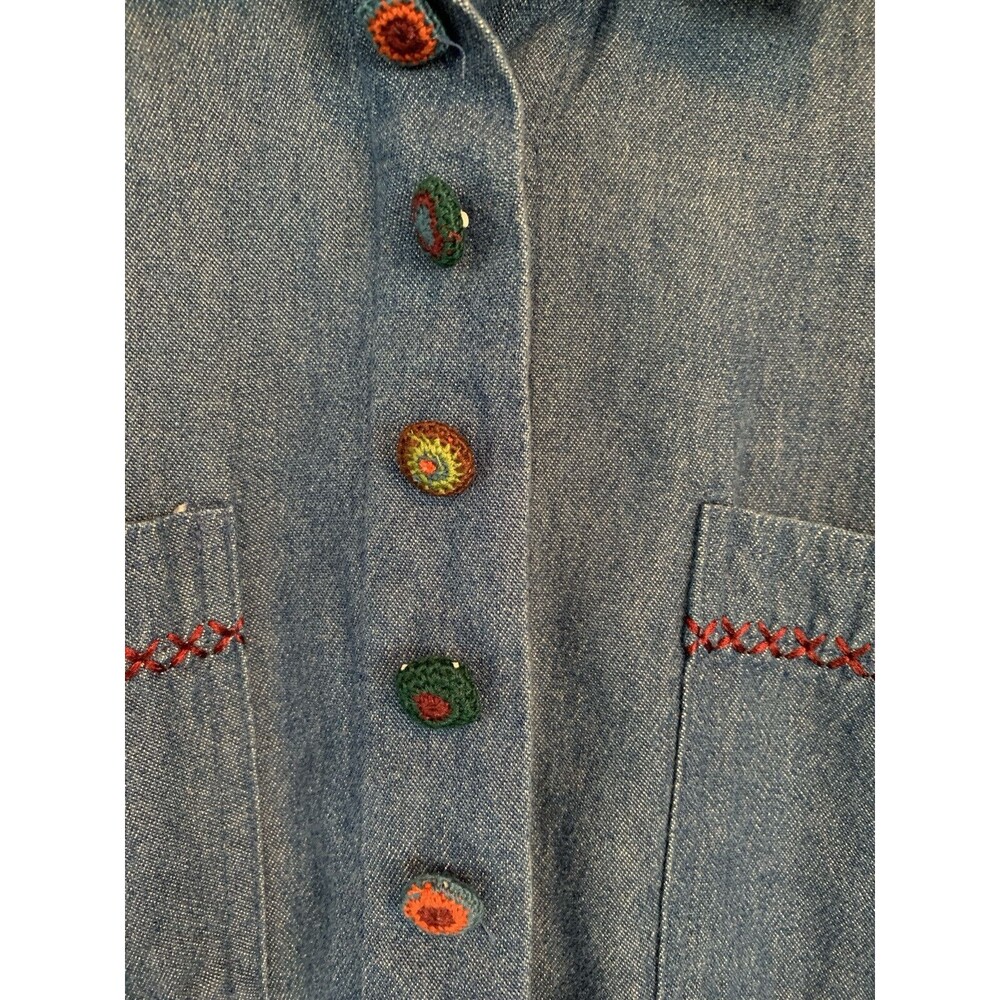Vtg Koret Crochet Granny Square Blue Denim Button Up Shirt Size PS Boho Cottage - Picture 5 of 15